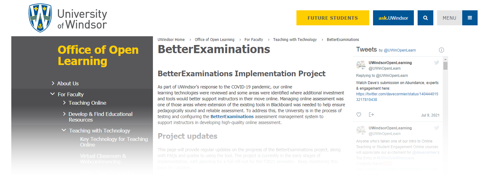 University of Windsor's BetterExaminations project website