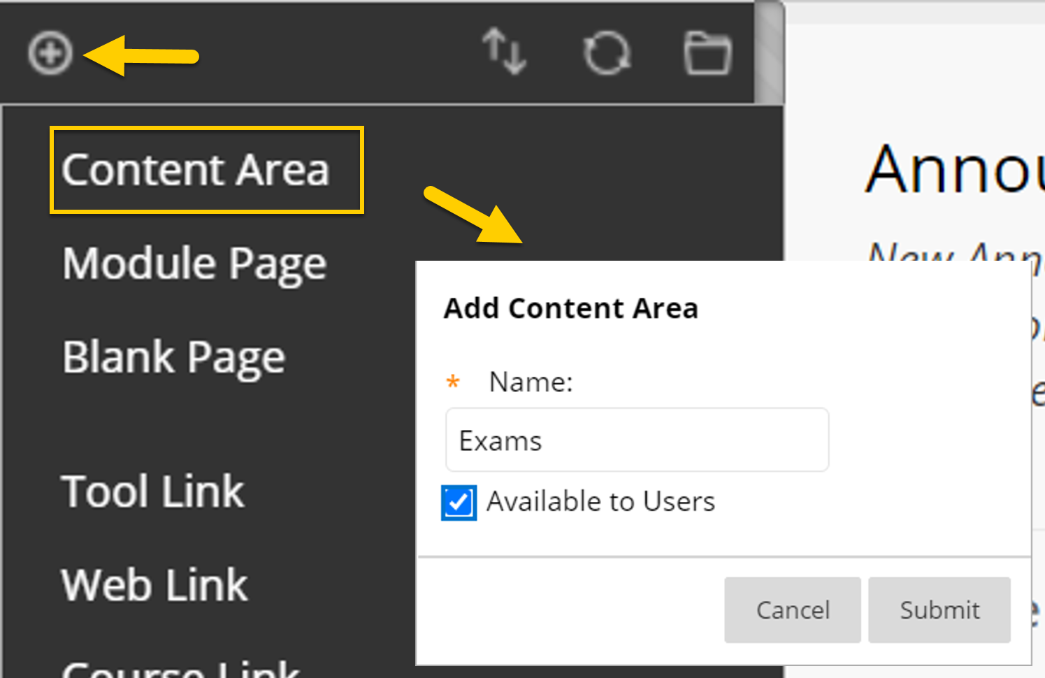 The steps on how to add a Content Area in a Course menu in Blackboard