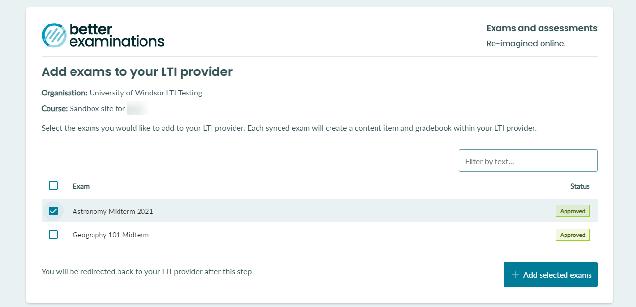 Better Exams LTI Exam Selection Panel