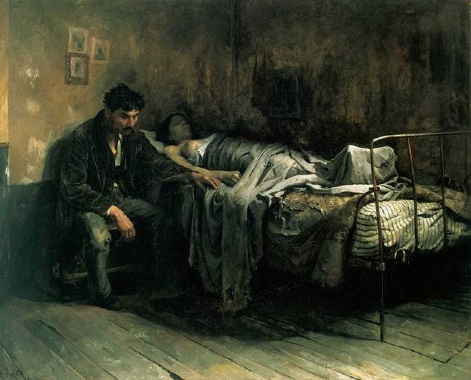 La Miseria by Cristóbal Rojas (1886). Rojas was suffering from chronic tuberculosis when he painted this. Here he depicts the social aspect of the disease, and its relation with living conditions at the close of the 19th century. Painting by: Cristóbal Rojas, 1886 (Public Domain)
