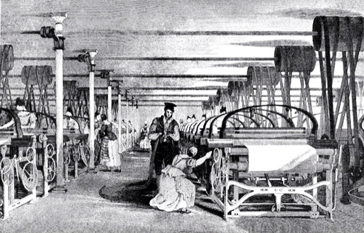 Illustration of power loom weaving in 1835, from History of the cotton manufacture in Great Britain by Edward Baines (1800–1890). An idealized view of women working in a clean and spacious environment. Illustrator T. Allom - History of the cotton manufacture in Great Britain by Sir Edward Baines (Public Domain)
