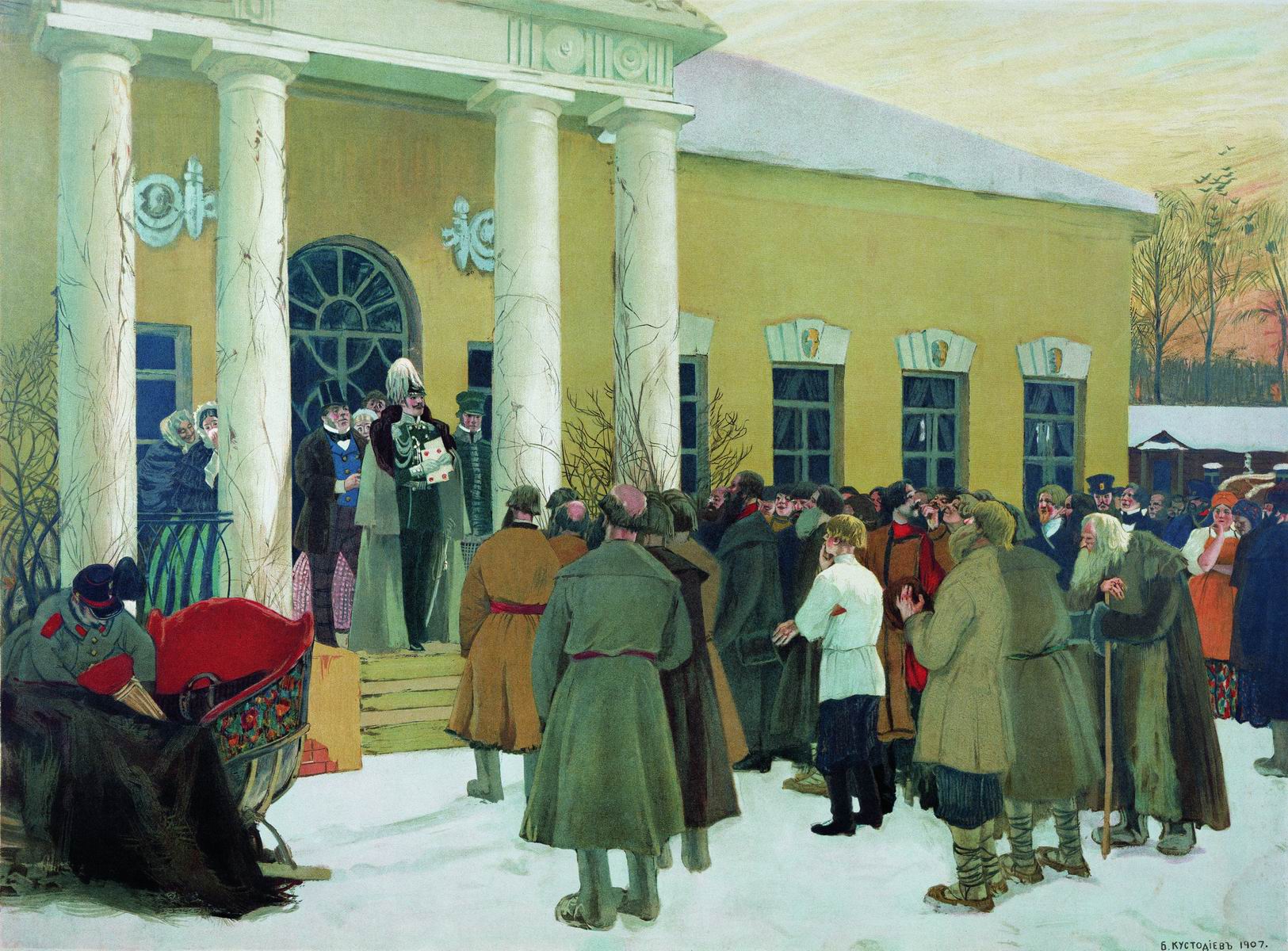 A 1907 painting by Boris Kustodiev depicting Russian serfs listening to the proclamation of the Emancipation Manifesto in 1861. Credits to: Art-Catalogue.ru (Public Domain)