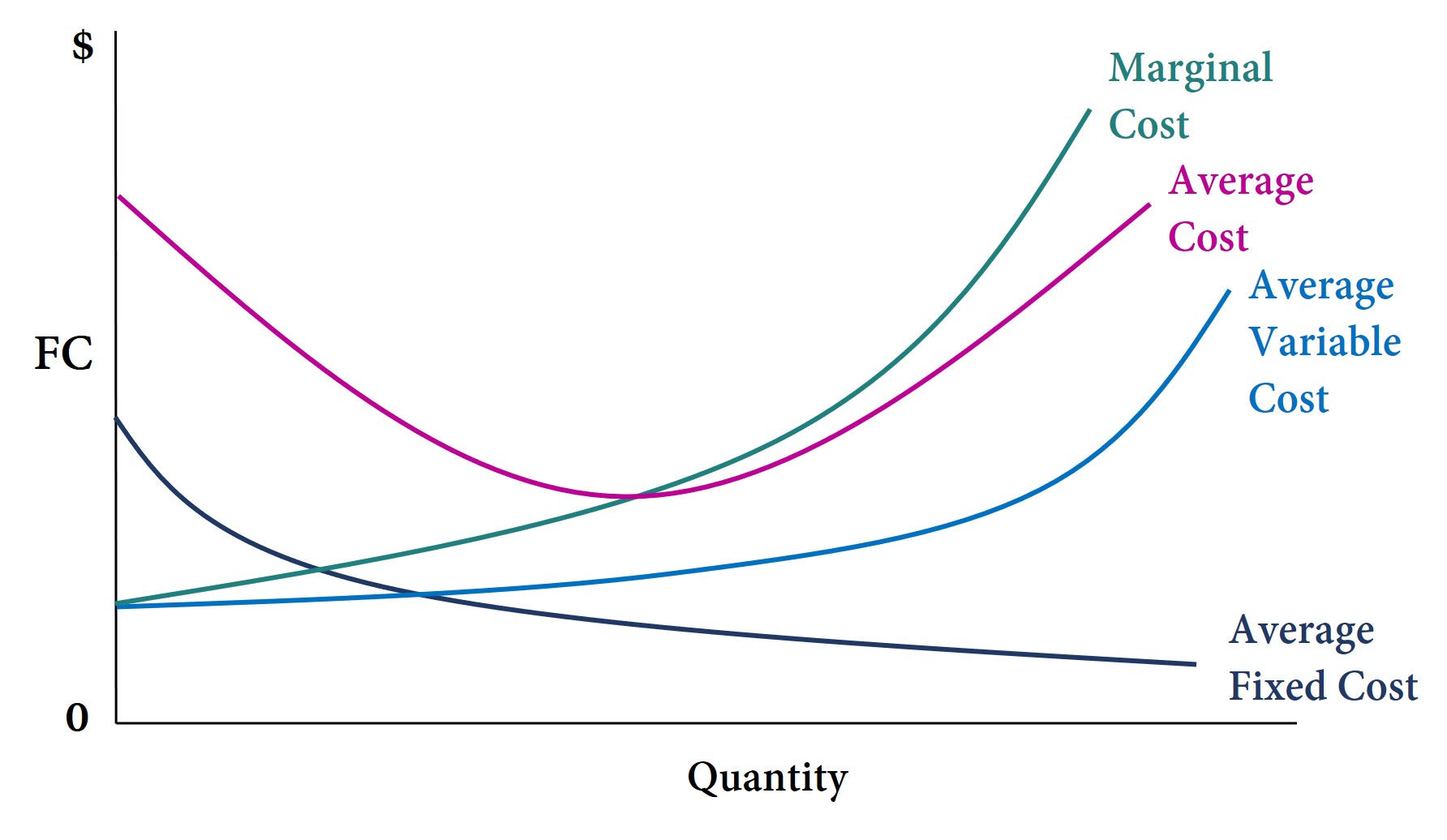 Producer or Firm costs, measured in dollars, are on the vertical axis and quantity of output is on the horizontal axis. Four stylized curves are shown: the average fixed cost curve, which slopes downward; the average variable cost curve, which starts out below the average fixed cost curve and slopes upward; the marginal cost curve, which starts at the same point as the average variable cost curve but has a higher upward slope; and the average cost curve, which has the highest vertical intercept, slopes down until it hits the marginal cost curve, then slopes upward while remaining below the marginal cost curve. All the curves are smooth.
