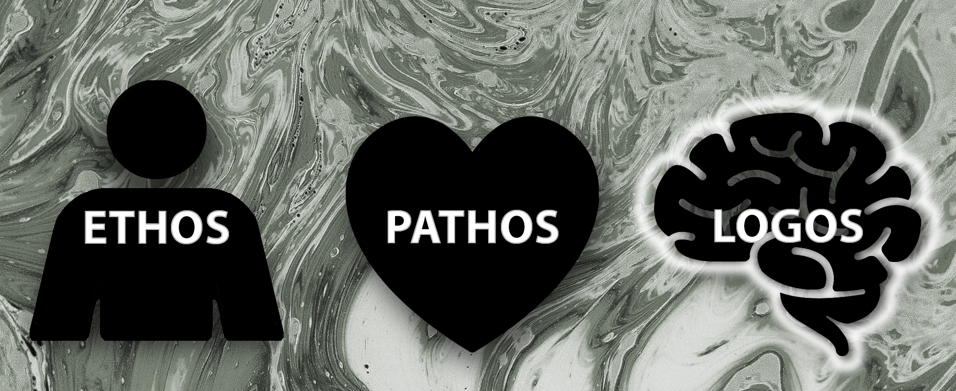 ethos (credibility/ethics), pathos (heart), logos (logic/brain)