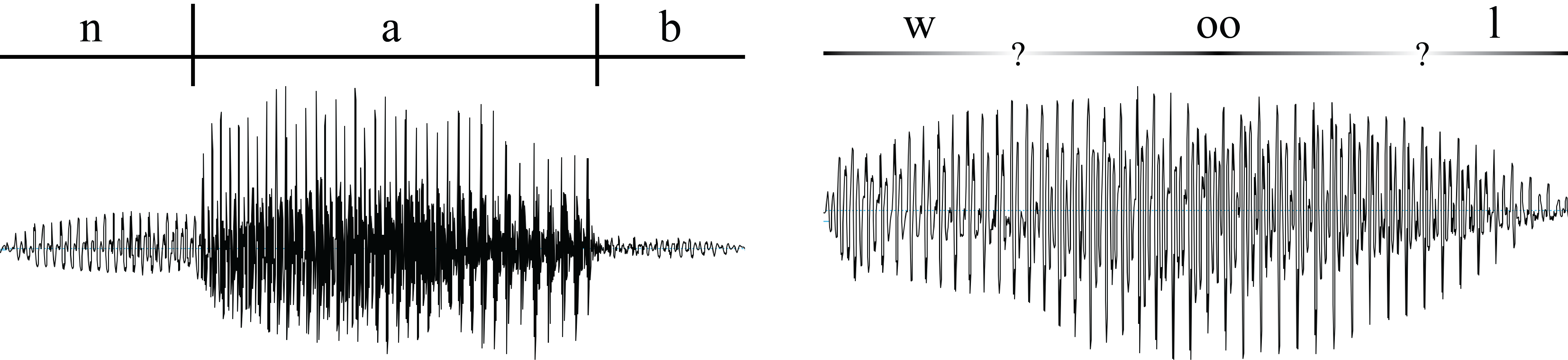 Two waveforms. Left waveform for the word nab is segmented into three distinct regions, labelled n, a, and b. The right waveform for the word wool has no clear segmentation between w, oo, and l.