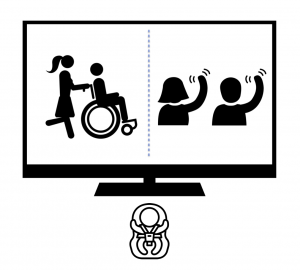 Line drawing. Television screen with vertical line down the center. On the left is a woman pushing a man in a wheelchair. On the right are a woman and a man, both waving and facing forward.