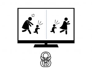 Line drawing. Television screen with vertical line down the center. On the left is an adult chasing a small child. On the right is a small child chasing an adult.