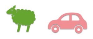 Icon drawings of green lamb and pink car.