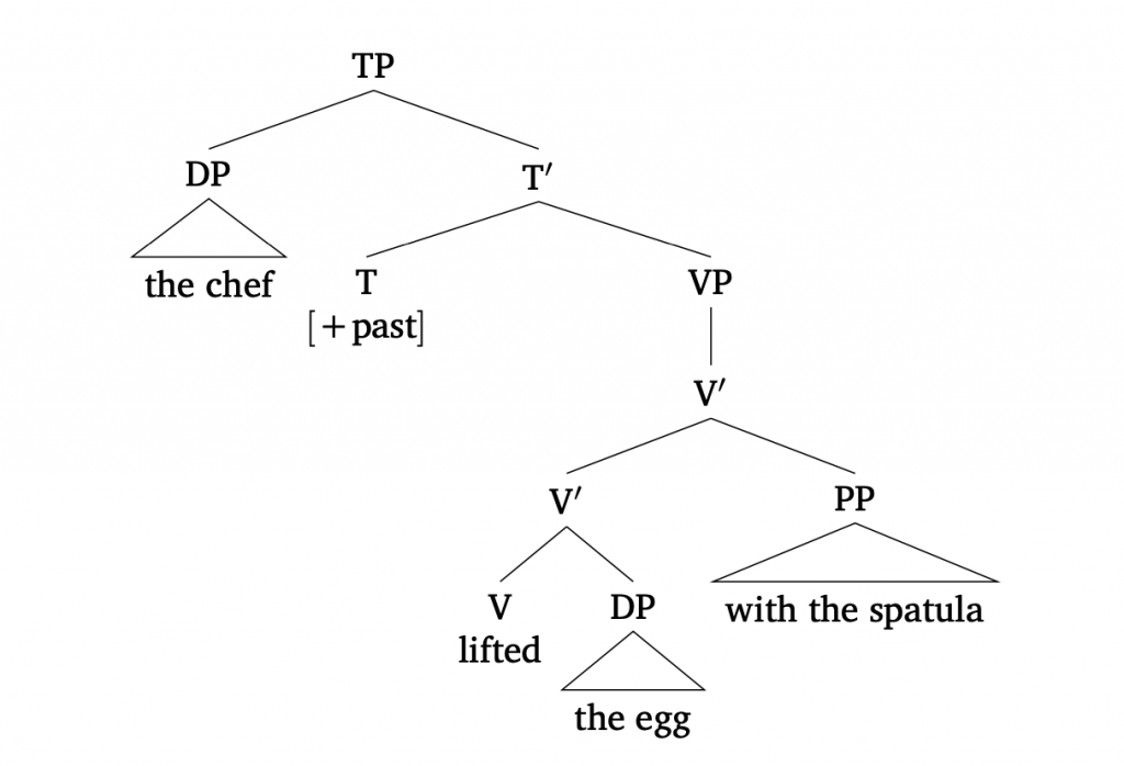 [.TP [.DP {the chef} ] [.T' T\\+past [.VP [.V' [.V' V\\lifted [.DP the egg ] ] [.PP with the spatula ] ] ] ] ]