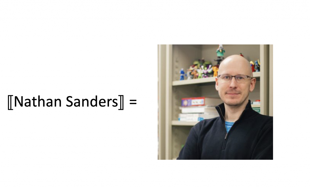 The words "Nathan Sanders" enclosed in double brackets, with an equals sign to the right of it. To the right of the equals sign is a photo of a bald caucasian man wearing glasses (a photo of Dr. Nathan Sanders).