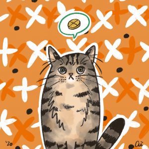 A digital painting of a brown striped cat. The cat sitting upright and facing forwards. Above the cat is a speech bubble with a green outline. Background is a bright, saturated orange with a floral pattern. The floral pattern consists of four visible rows of alternating dark orange and white flowers. Brown polka dots are also scattered in the background.