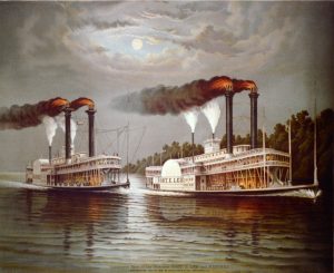 Lithograph of two steamships on a river. Caption reads: "Celebrated Race of the Steamers ROBT. E. LEE and NATCHEZ Copyrighted 1883 by WM. M. Donaldson & Co. Cincinnati O."
