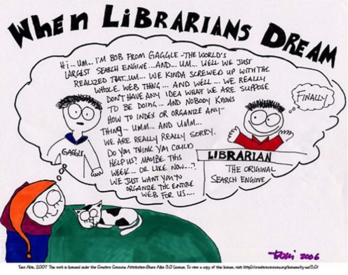 Cartoon of a sleeping librarian, complete with cat companion, dreaming that a major search engine had consulted a librarian who could have assisted with organization of information.