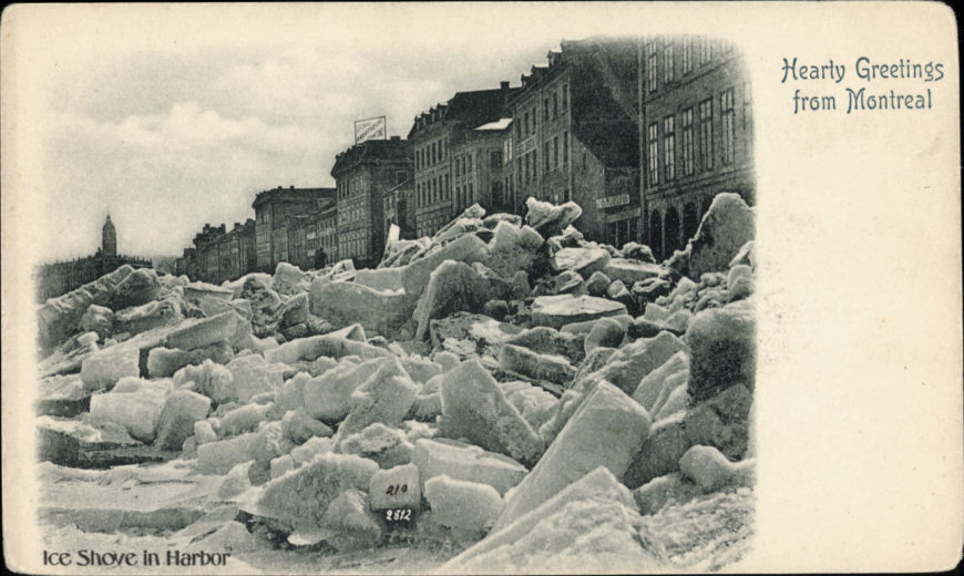 Notman’s photograph of the ice shore in 1875 printed on a Montreal postcard.