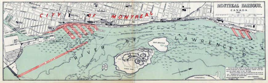 Map of the Montreal Harbourfront showing the proximity of the St. Lawrence River to the built city.