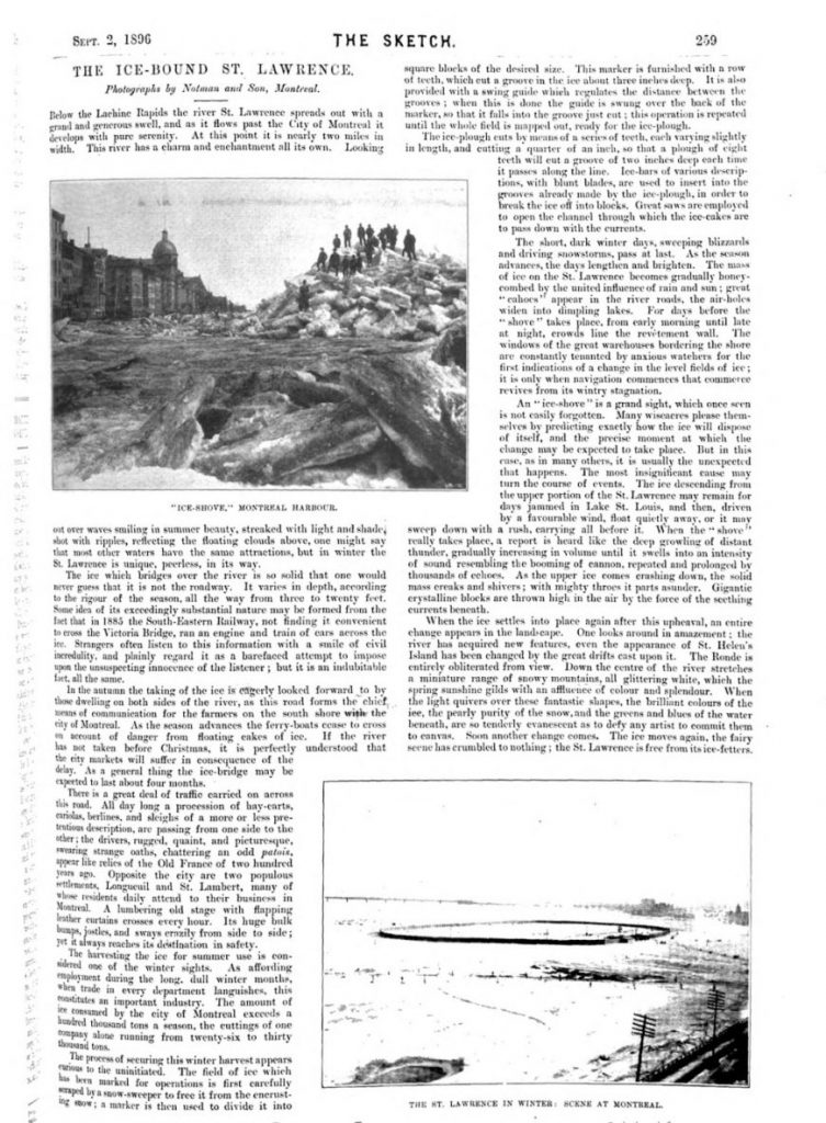 The September 1896 issue of The Sketch magazine, featuring Notman’s Ice Shove photograph alongside an article describing the winter event.