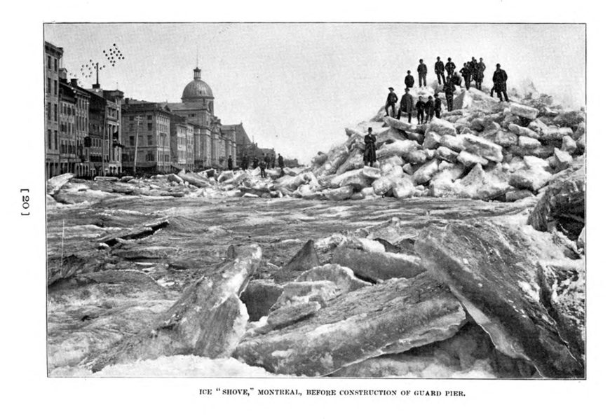 Notman’s Ice Shove photograph as it appeared in Thomas Keefer’s government report of the event, with the caption reading, “Ice ‘Shove’ Montreal, before construction of the guard pier.”