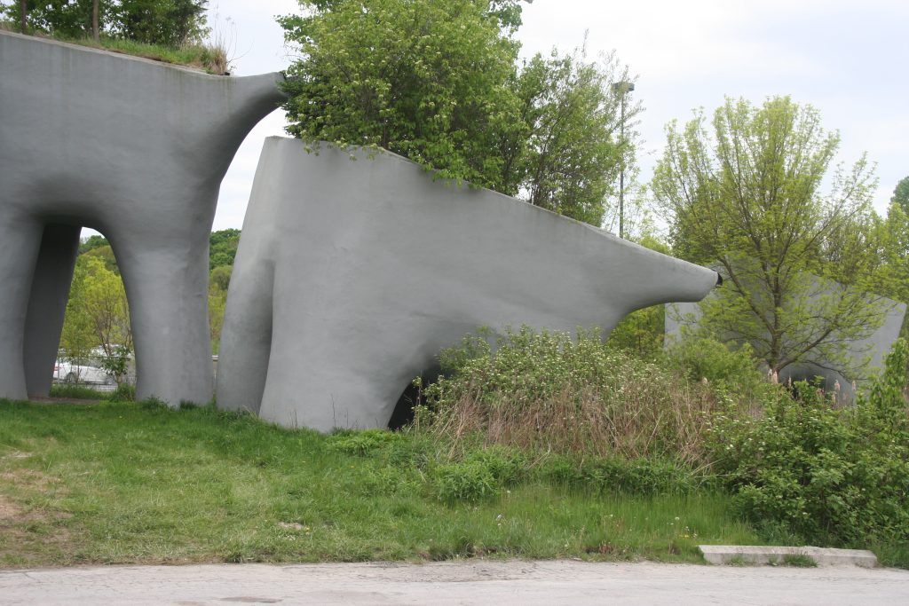 Three elephant-shaped hydroponic sculptures filter water into Toronto’s Don Valley wetlands.