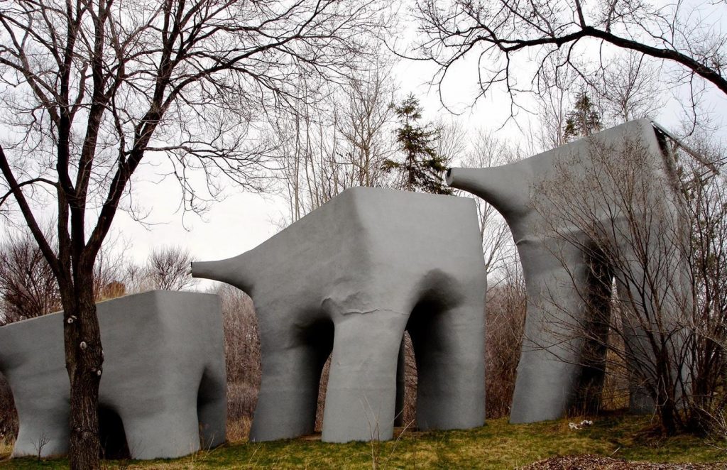 Three elephant-shaped hydroponic sculptures filter water into Toronto’s Don Valley wetlands.