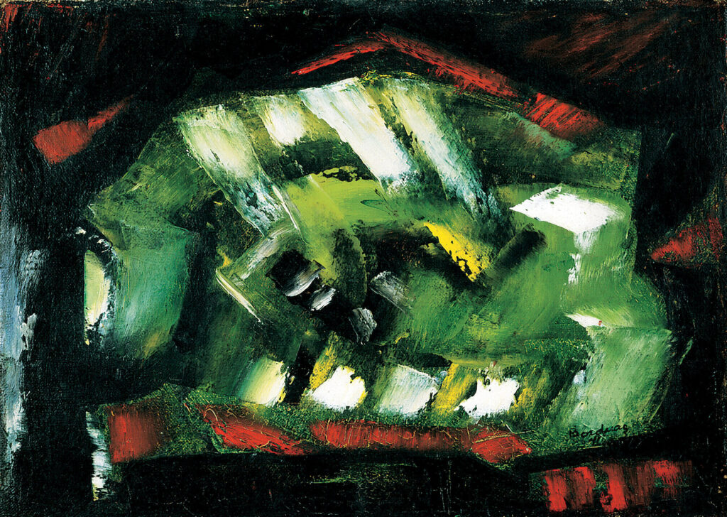 A predominantly black background has a stripe of pale blue on the left-hand side. The center is mostly mottled green and yellow-green brushstrokes, with touches of yellow and dashes of white. Black background shows through in places and red brushstrokes surround the green area.
