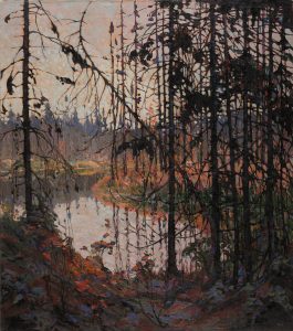 Oil painting of a swamp in a green-orange palette, with distant fir trees and wetlands, concealed by thin, shadowy trees in the foreground.