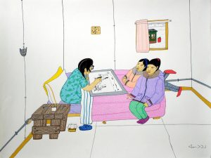 A drawing of a white-walled room with tiled floor and exposed electrical conduit running around the perimeter. The person in the pink bed is drawing a picture of people in Indigenous clothing. Facing them are two younger figures, one seated and one reclining on the end of the bed. A few personal items are to the left of the bed on a wooden table and hanging on the wall. Images are outlined in black and coloured in pastel colours.