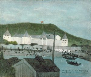 At the centre of the painting, a hill rises behind a beach and fort. The viewpoint is from a slightly higher elevation behind a building across the bay. Dark shades are used for figures and boats; beach and outbuildings are in gray tones. The fort is white with a red flag flying against the green hill and a blue sky.