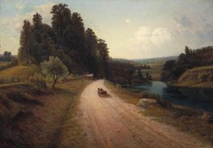 In this painting, a brown cart pulled by two horses travels along a gravel road away from the viewer, curving and disappearing into a wooded area. To the right, a river gently flows parallel to the road. To the left, a slight grassy hill rises to meet a pasture fence. Beyond the fence, a few sheep graze; tall dark trees stand behind them. The sky is vast, with distant white clouds, and a large pastoral valley stretches towards a far horizon.