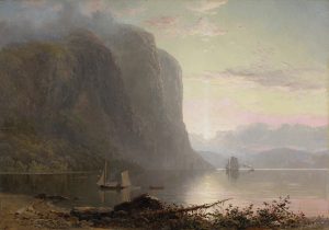 A painting of a beach, large flat river and enormous dark cliff. On the beach, driftwood and brush form the bottom edge of the painting. Across the water to the left, a high cliff is depicted as if in a mist, with a more concentrated mist or fog rolling along the top. Beyond the cliff, the river continues towards other hills and a rising sun in a pale pastel-coloured sky is also mist-shrouded. Two sailing ships float on the water. One to the left of centre appears to be at anchor. The second one seems to be under sail although it is not clear if it is approaching or departing.