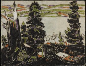 In the foreground of this painting are a work surface and painter’s tools, predominantly black with green, orange, white, and purple highlights. Past the table are two tall dark conifers and beyond them is a river suggested by blank white space. Toward the horizon, rolling fields and forests are patches of green and orange. Distant hills are outlined in purple, green and orange. To the left of center, in the foreground, the stump of a tree rises in black with jagged white pieces of wood atop. Below the stump, the artist has signed and dated the work in faint white letters.