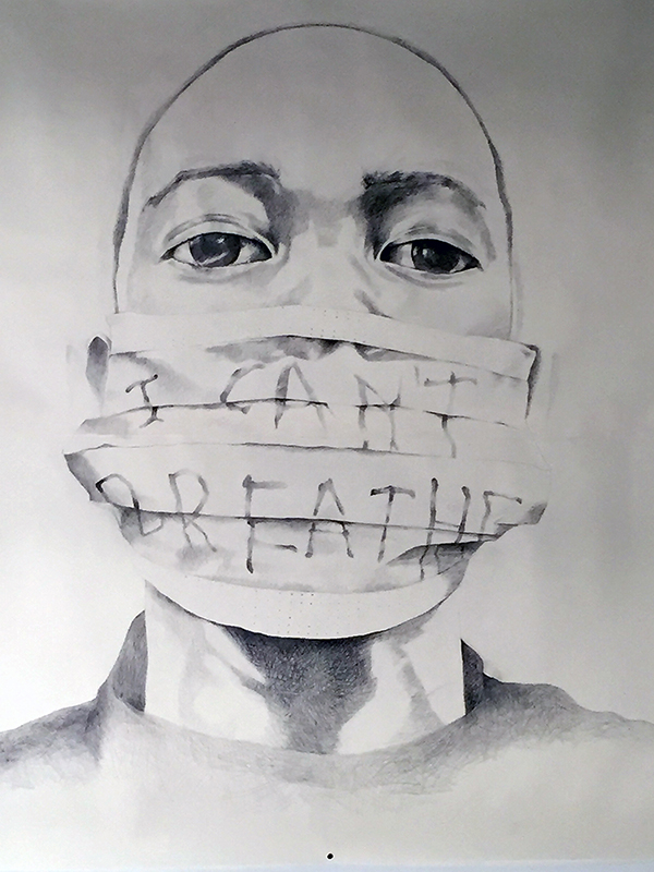 A drawing of a young adult looking directly at the viewer. Their head is either shaved or hair pulled severely back. Large dark eyes and eyebrows are detailed; a loose surgical mask covers their face from the bridge of their nose to below their chin. On the mask are the hand-lettered words “I CAN’T BREATHE.”