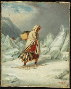 In this painting, an Indigenous woman walks across ice that is starting to break up. She clutches a white blanket around herself. Underneath she wears a rust and brown dress with leggings and, on her feet, snowshoes. A woven basket holding green fabric on her back is held in place by a strap around her forehead. A collection of beige and dark blue moccasins dangle from her belt. A hill rises from the ice behind her. At its summit, a flag flies atop the walls of a settlement. The sky over the hilltop is blue, but storm clouds gather ahead of her.