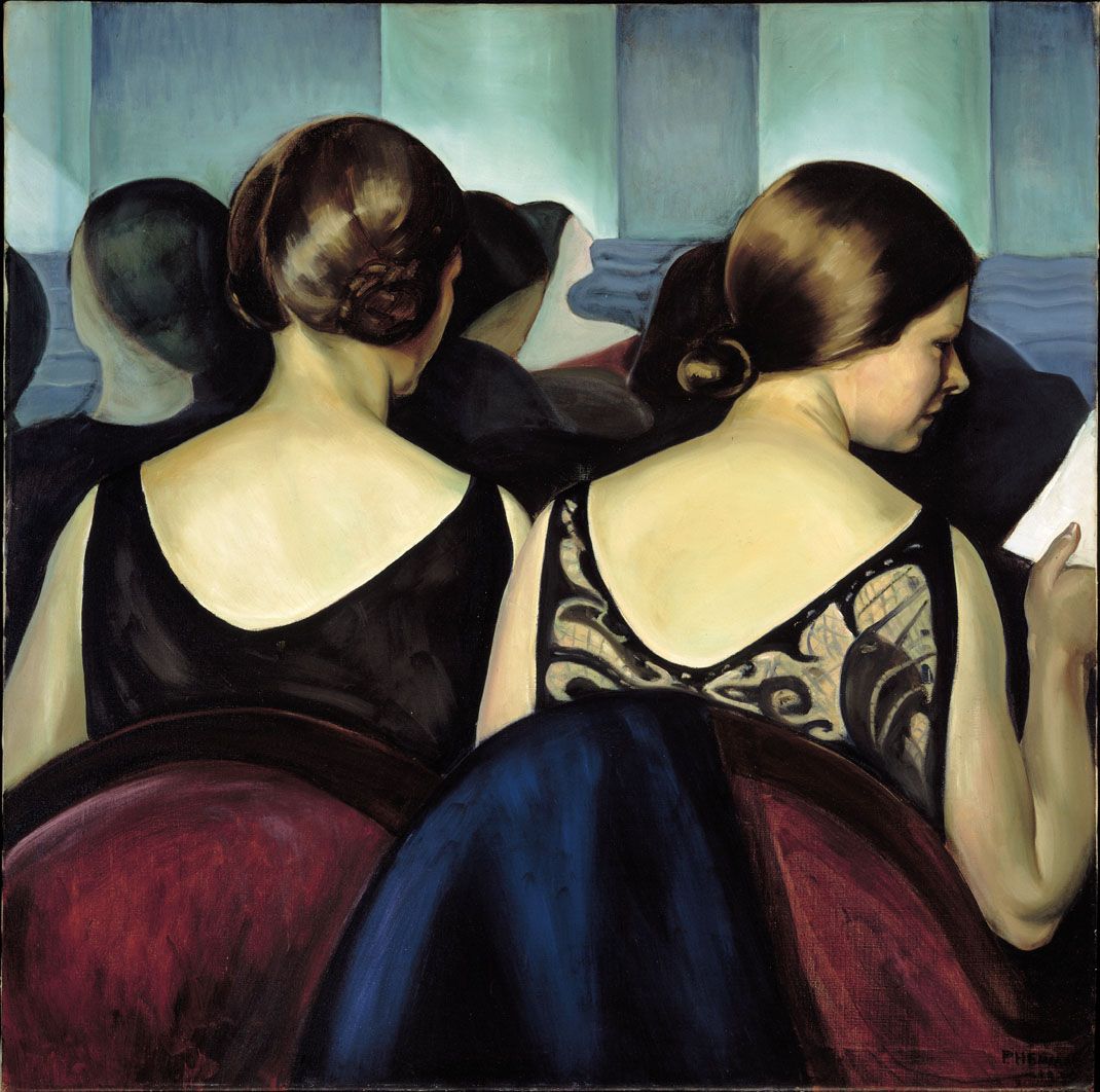 A painting of two white women in theatre seats who sit with their backs to the viewer. Their dark hair is styled close to their heads. Their shoulders, backs, and arms are exposed against their black evening gowns. Their seats are covered in red and dark blue heavy fabric. The woman on the right holds a program. Only a partial profile of her face is visible. In front of them, other vague figures form the middle ground and stage pillars in blue and teal form the background.