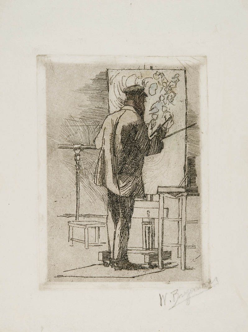 Sketch of a bearded man in a painting smock and cap stands with his back to the viewer, brush in hand. Before him, a large easel holds a canvas showing the beginnings of a painting. A small, tall table or stool sits to his right. To his left, a low stool is lightly sketched in. A railing above is more detailed, showing the play of light and shadow on metal.