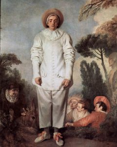 Oil painting depicting a man in bulging white clothing, with a white frilled collar and brown hat looking towards the audience as four figures and a donkey in the background prattle.