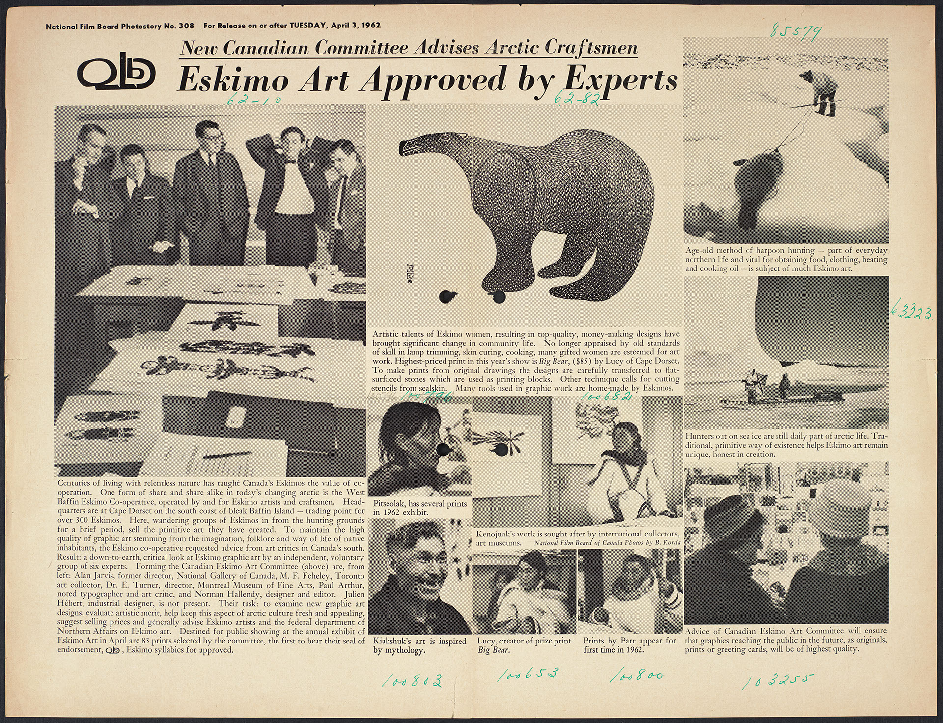 Photograph of a yellowed newspaper article with photographs, describing the West Baffin Eskimo Co-operative, its background, and its objectives, as well as a group of white male advisors from Southern Ontario. In the center is a photo of Big Bear by Lucy of Cape Dorset, who is pictured below it. Also pictured are four other Inuit artists: Pitseolak, Kiakshuk, Kenojuak, and Parr; and arctic hunting scenes.