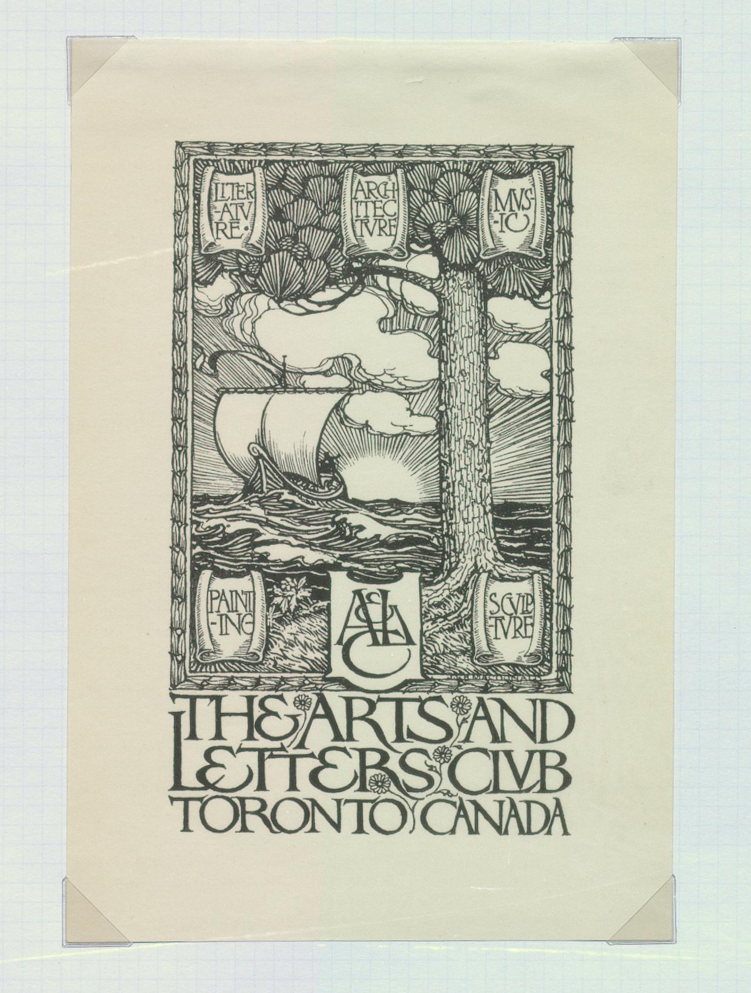 A pale tan book cover with a wavy, rust-coloured border at its edge; provincial crests down the left and right sides, also in rust. A rectangle in the center is topped with stylized, alternating maple leaves and pine branches with cones. Below them, the title, and below that, a drawing of a shoreline with irises, trilliums, and wild roses. Two crests are in the foreground with a lake behind. Two figures paddle a canoe past an outcrop of rock and the sky is filled with large clouds. A sparse pine tree rises from the shore. “British Empire Exhibition London 1924” is printed at the bottom.