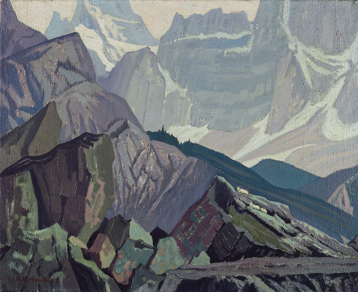 A series of large rocky mountain peaks fill the canvas. Colours range from darker purples, greens, and browns in the foreground to pastel blues, purples, tan and grays in the background.