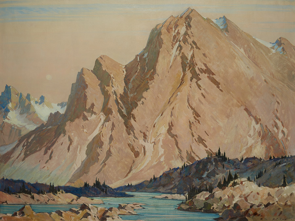 Painting of a large, apricot-tan coloured rocky mountain. Some snow has accumulated in its shaded nooks and across the mountains in the background. In the foreground, a wide, blue river flows from the base of the mountain, past foothills shaded in purple, and between the sunlit riverbanks.