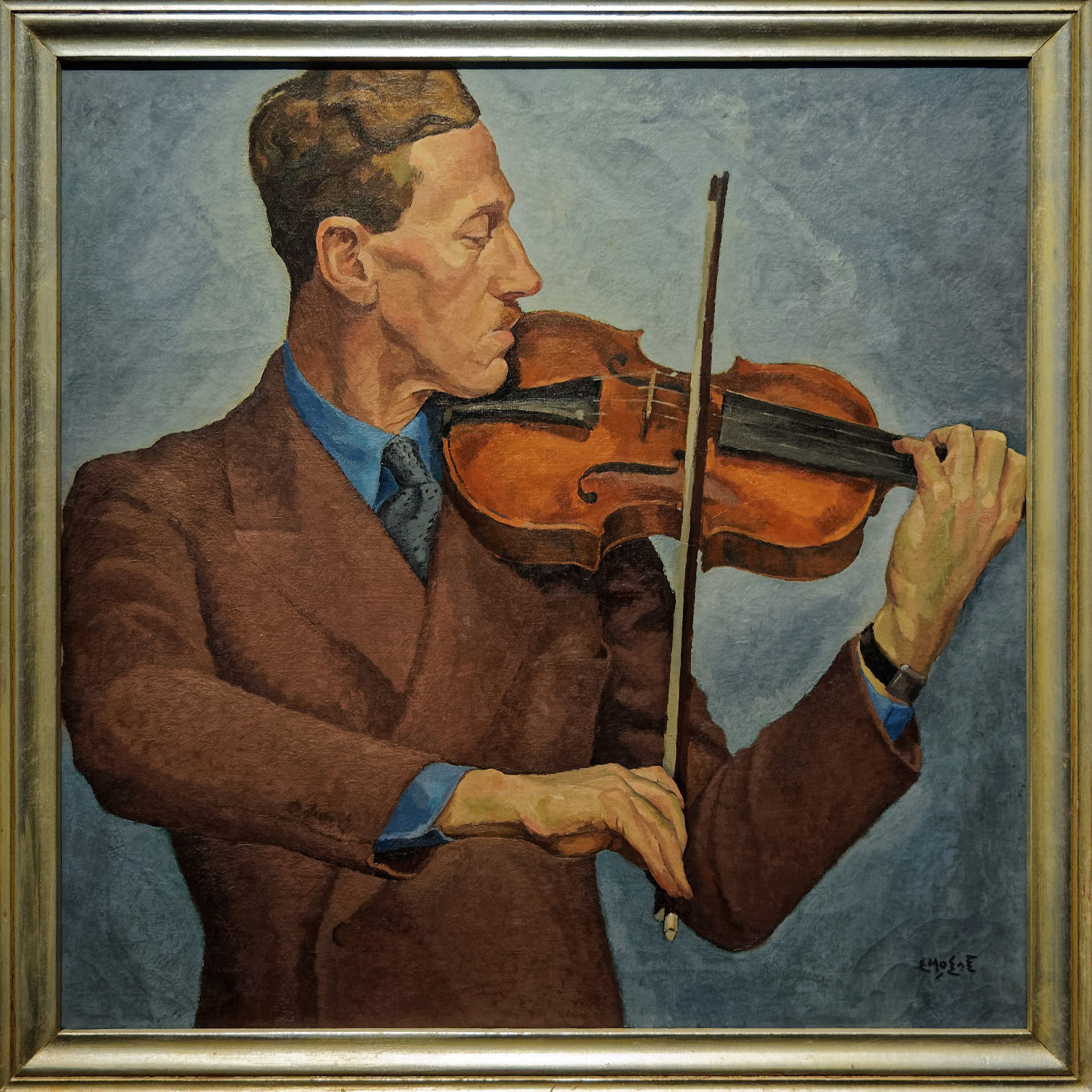 Painting of a middle-aged man from the waist up in a brown suit jacket, blue shirt, and tie, playing a violin against a blue-gray background.