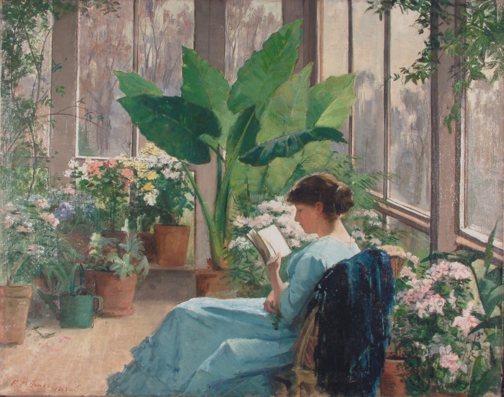 Oil painting of a woman reading whilst seated in a windowed room, filled with plants and flowers. The brush strokes are textured, and the colours are warm and earthy.