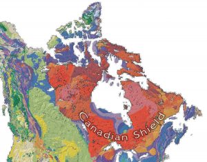 The Canadian Shield demarcated on the North American map, encompassing most of the Western and Northern regions of Canada.