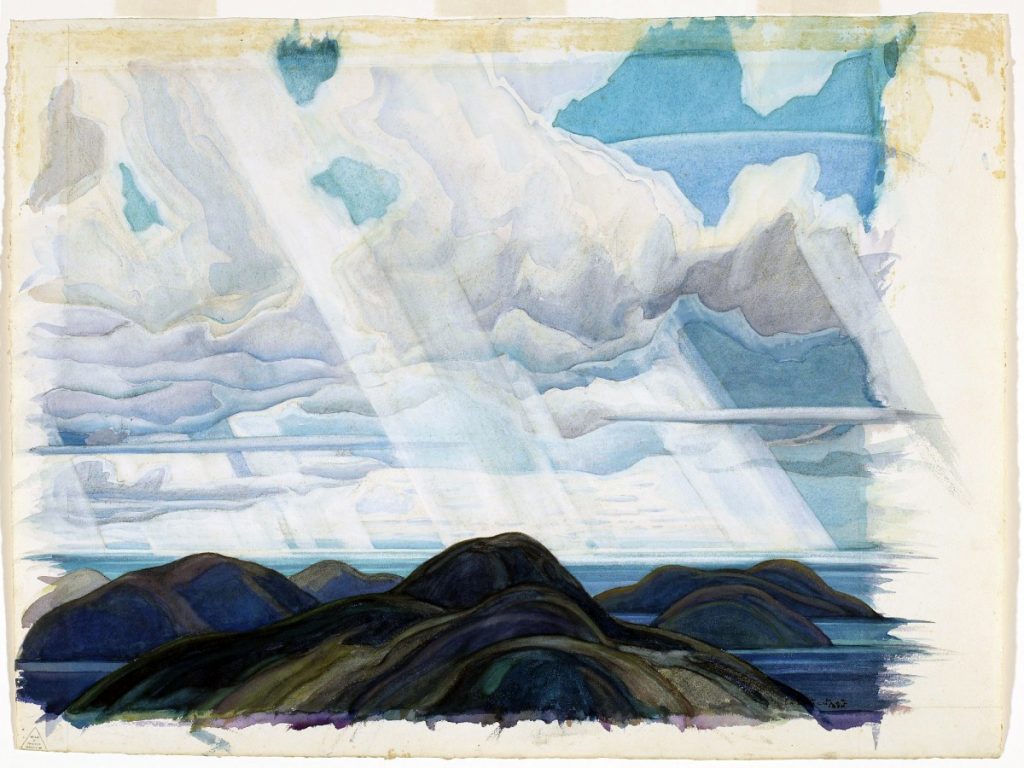A watercolour painting of a blue sky with the sun’s rays penetrating the clouds, as blue-grey-green mountains lay beneath, surrounded by lakes.