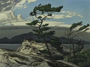 Painting of thin trees peeking through a stony cliff, with lakes and mountains in the background.