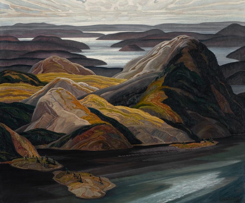 An oil painting of a lush mountain surrounded by a lake, with hills in the background, in a brown-yellow-green palette.