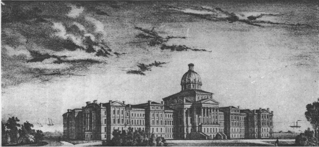 Black and white lithograph showing a grand building with neo-classical features and a central dome. The building is set in a pastoral landscape on the edge of a lake. Boats float in the background. The sky shows clouds forming over the institution.