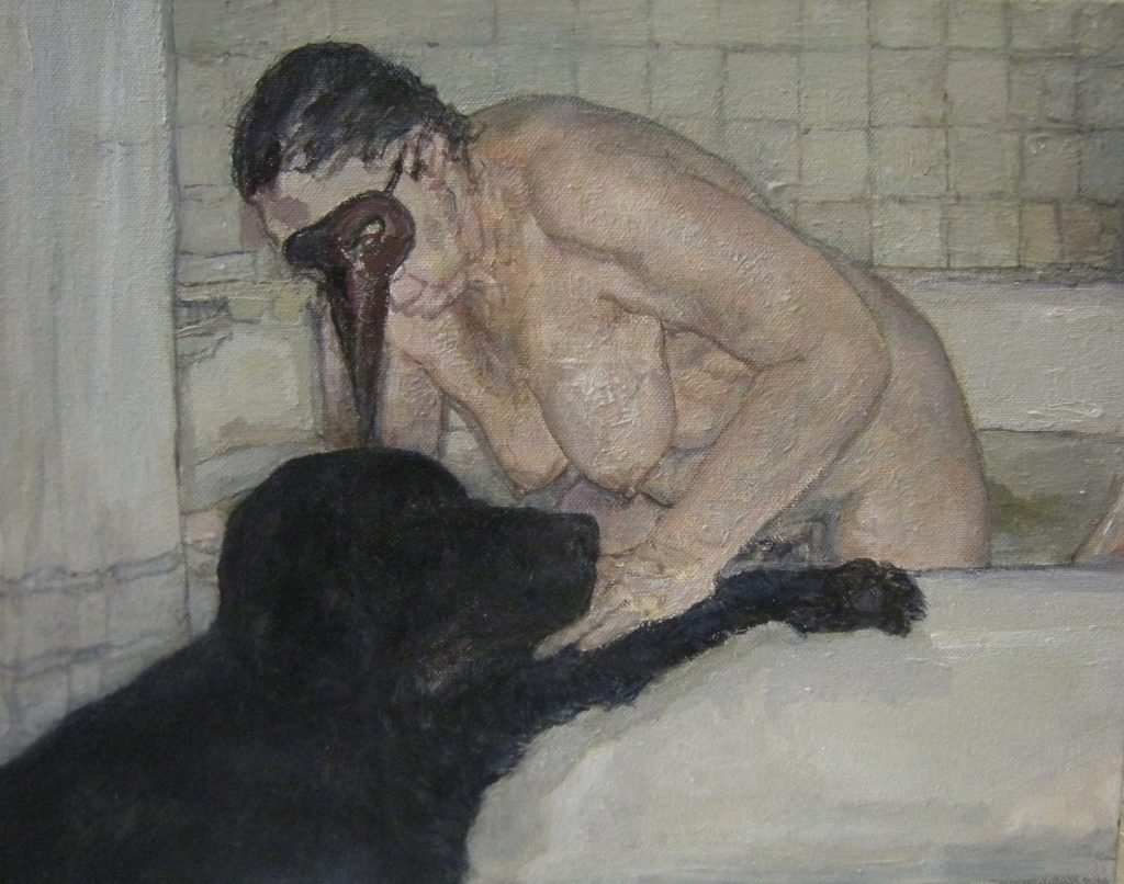 Painting of an older woman nude in a bathtub filled with water, bathing her black dog.