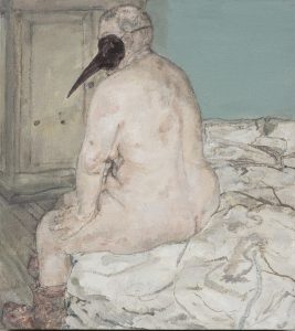 Painting of an older woman wearing tall slippers and a dark mask with a long beak sitting at the edge of an unmade bed, expelling small rocks from her mouth.