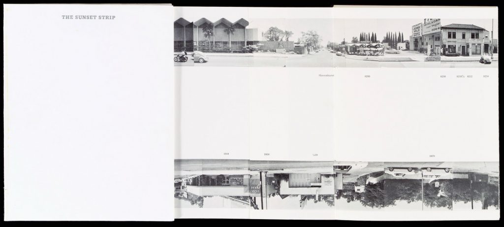 Two photographic collages in a photobook simulating a panoramic view of both sides of Sunset Boulevard in Los Angeles, California.