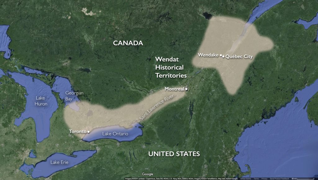 Map showing Wendat territories along the Georgian Bay and Saint Lawrence River